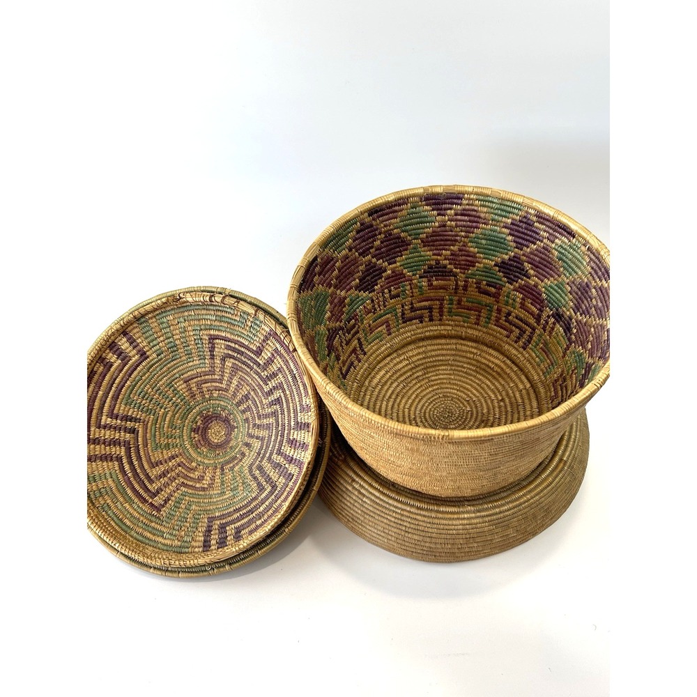 Vintage African Style Handwoven Coil Lidded Basket‎ W/ Colorful Interior Design